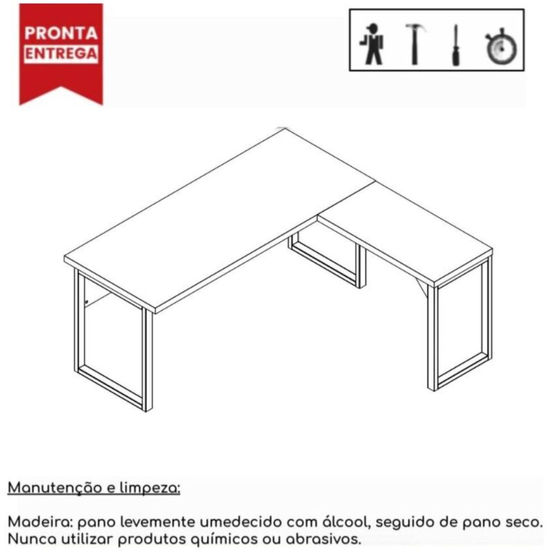Mesa em L PÉ QUADRO (Mesa 1,70m + Mesa Auxiliar) – C/ Gavetas NOGAL SEVILHA/PRETO – 24479 Master Móveis para Escritório Linha 40 mm 3
