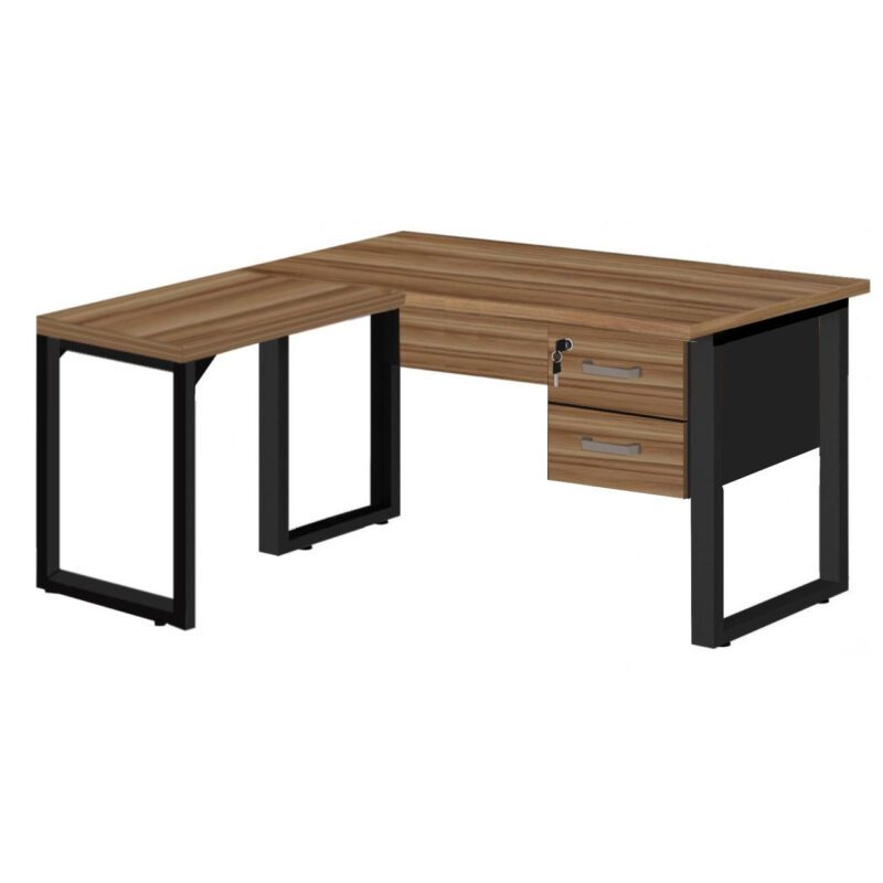 Mesa em L PÉ QUADRO (Mesa 1,70m + Mesa Auxiliar) – C/ Gavetas NOGAL SEVILHA/PRETO – 24479 Master Móveis para Escritório Linha 40 mm 2