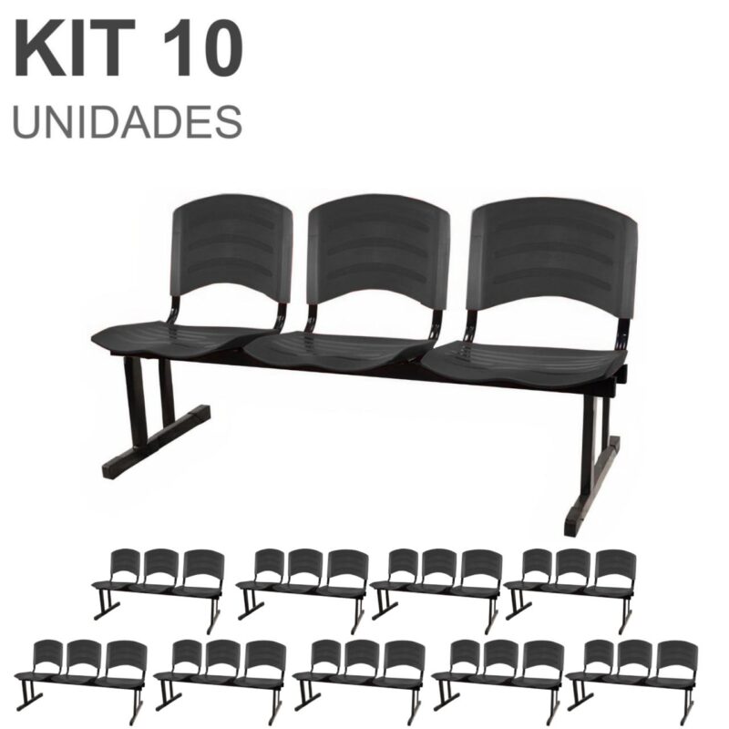 Kit 10 Cadeiras Longarinas PLÁSTICA 03 Lugares – Cor PRETO 33039 Master Móveis para Escritório Longarinas 2