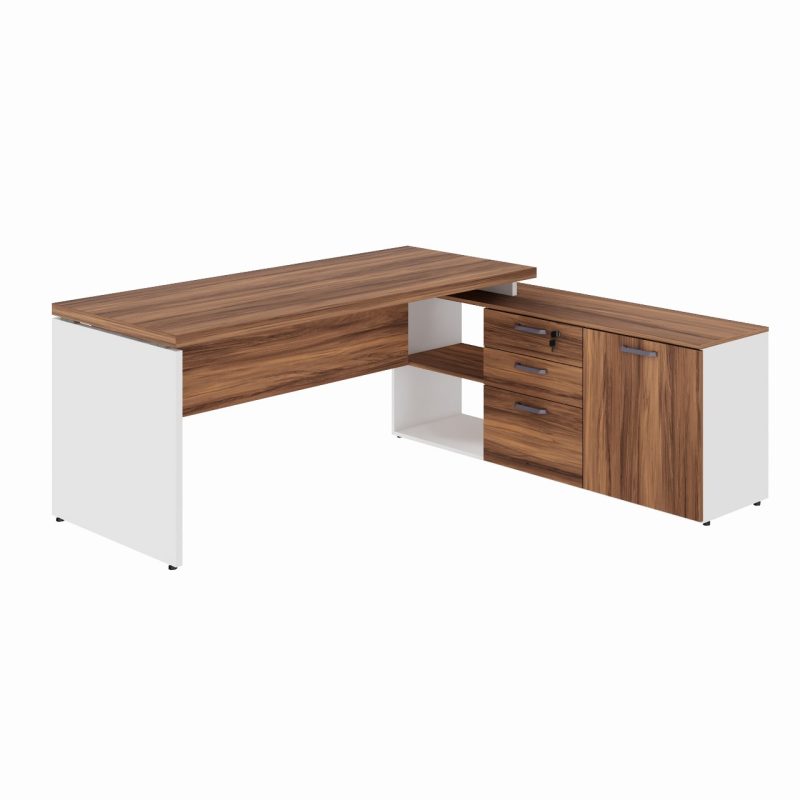Mesa Diretorzinha c/ Aparador – Pé de MADEIRA – 1,90×1,50m – NOGAL SEVILHA / BRANCO – 34426 Master Móveis para Escritório Linha 40 mm Nogal – Branco 2
