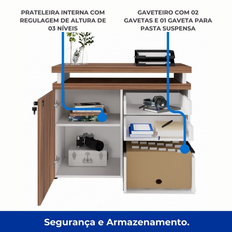 Armário Baixo 03 Gavetas e Porta (MISTO) – NOGAL SEVILHA/BRANCO – 34422 Master Móveis para Escritório Linha 40 mm Nogal – Branco 3