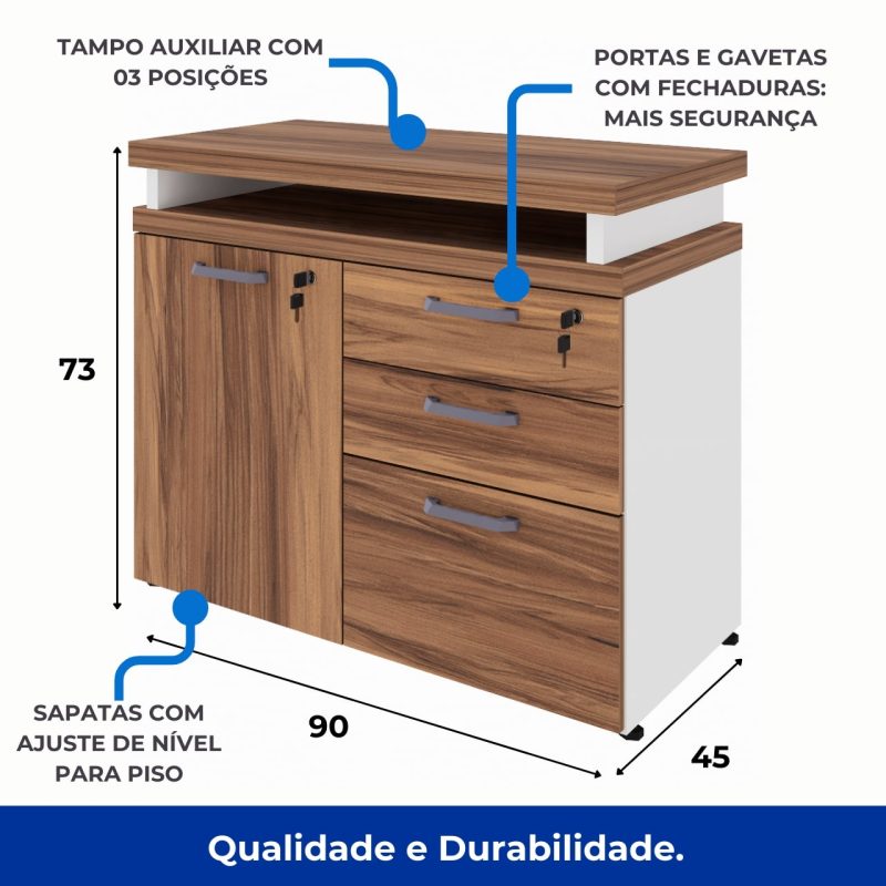 Armário Baixo 03 Gavetas e Porta (MISTO) – NOGAL SEVILHA/BRANCO – 34422 Master Móveis para Escritório Linha 40 mm Nogal – Branco 9