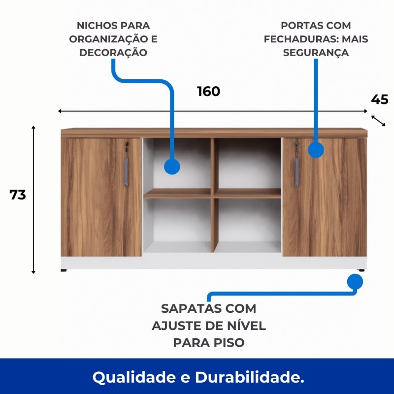 Armário Baixo GOLD Credenza ESPECIAL – 1,60×0,73×0,45m – NOGALSEVILHA / BRANCO – 34502 Master Móveis para Escritório Linha 40 mm Nogal – Branco 4