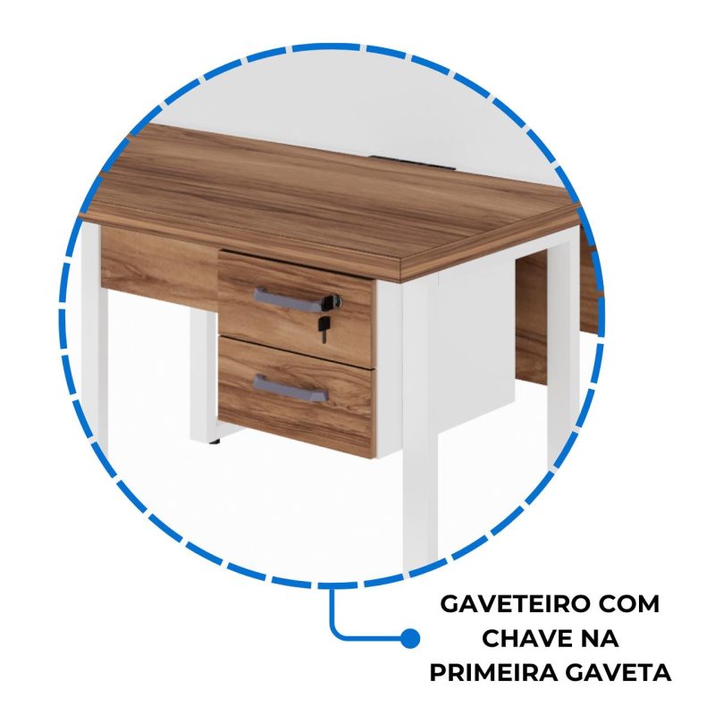 Estação de Trabalho Dupla 1,20×1,35m c/ 02 Gavetas c/ ponto de tomada PÉ QUADRO – Cor Nogal Sevilha/Branco – 34423 Master Móveis para Escritório Linha 40 mm Nogal – Branco 9