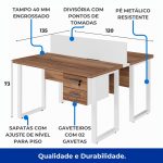 Estação de Trabalho Dupla 1,20×1,35m c/ 02 Gavetas c/ ponto de tomada PÉ QUADRO – Cor Nogal Sevilha/Branco – 34423 Master Móveis para Escritório Linha 40 mm Nogal – Branco 15
