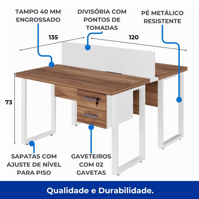 Estação de Trabalho Dupla 1,20×1,35m c/ 02 Gavetas c/ ponto de tomada PÉ QUADRO – Cor Nogal Sevilha/Branco – 34423 Master Móveis para Escritório Linha 40 mm Nogal – Branco 7