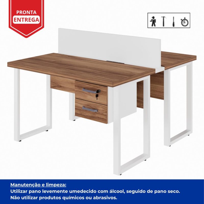 Estação de Trabalho Dupla 1,20×1,35m c/ 02 Gavetas c/ ponto de tomada PÉ QUADRO – Cor Nogal Sevilha/Branco – 34423 Master Móveis para Escritório Linha 40 mm Nogal – Branco 4