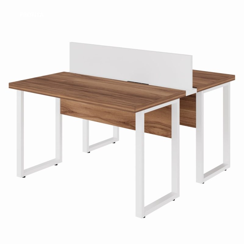 Estação de Trabalho Dupla 1,20×1,35m sem Gavetas c/ ponto de tomada PÉ QUADRO – Cor Nogal Sevilha/Branco – 34424 Master Móveis para Escritório Linha 40 mm Nogal – Branco 2