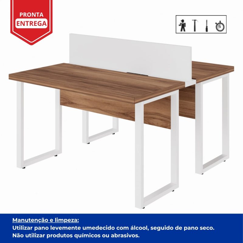 Estação de Trabalho Dupla 1,20×1,35m sem Gavetas c/ ponto de tomada PÉ QUADRO – Cor Nogal Sevilha/Branco – 34424 Master Móveis para Escritório Linha 40 mm Nogal – Branco 6