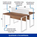 Estação de Trabalho Dupla 1,20×1,35m sem Gavetas c/ ponto de tomada PÉ QUADRO – Cor Nogal Sevilha/Branco – 34424 Master Móveis para Escritório Linha 40 mm Nogal – Branco 12