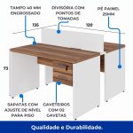 Estação de Trabalho Dupla 1,20×1,35m 02 Lugares c/ Gavetas c/ ponto de tomada PÉ PAINEL – Nogal Sevilha/Branco – 34427 Master Móveis para Escritório Linha 40 mm Nogal – Branco 19
