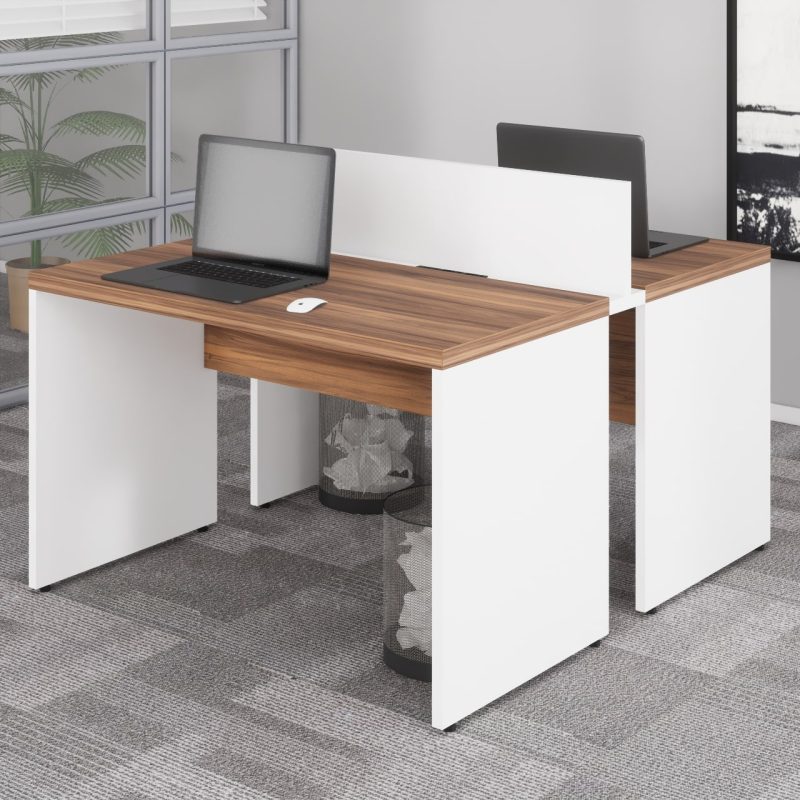 Estação de Trabalho Dupla 1,20×1,35m 02 Lugares sem Gavetas c/ ponto de tomada PÉ PAINEL – Nogal Sevilha/Branco – 34428 Master Móveis para Escritório Linha 40 mm Nogal – Branco 4