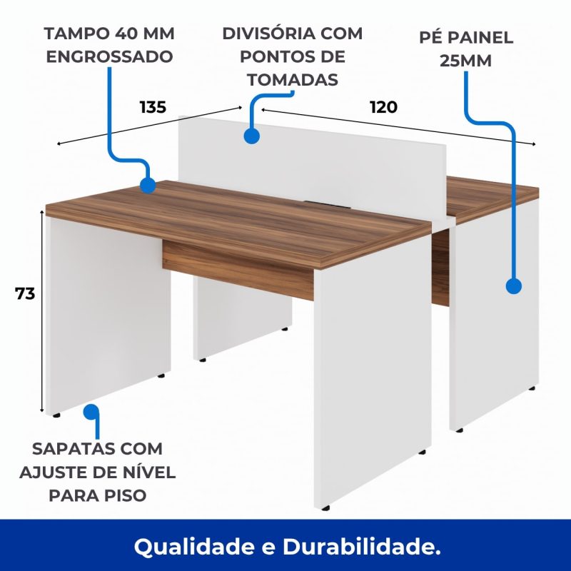 Estação de Trabalho Dupla 1,20×1,35m 02 Lugares sem Gavetas c/ ponto de tomada PÉ PAINEL – Nogal Sevilha/Branco – 34428 Master Móveis para Escritório Linha 40 mm Nogal – Branco 9