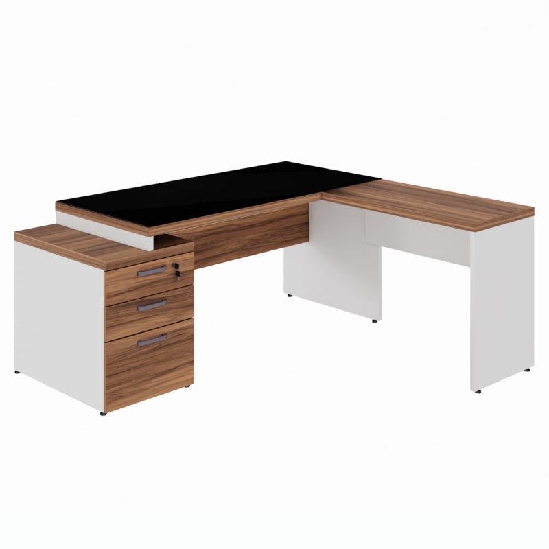 Mesa para Escritório em “L” com VIDRO FUMÊ – 1,92X1,60M NOGAL SEVILHA/BRANCO – 34432 Master Móveis para Escritório Linha 40 mm Nogal – Branco 2