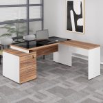 Mesa para Escritório em “L” com VIDRO FUMÊ – 1,92X1,60M NOGAL SEVILHA/BRANCO – 34432 Master Móveis para Escritório Linha 40 mm Nogal – Branco 20