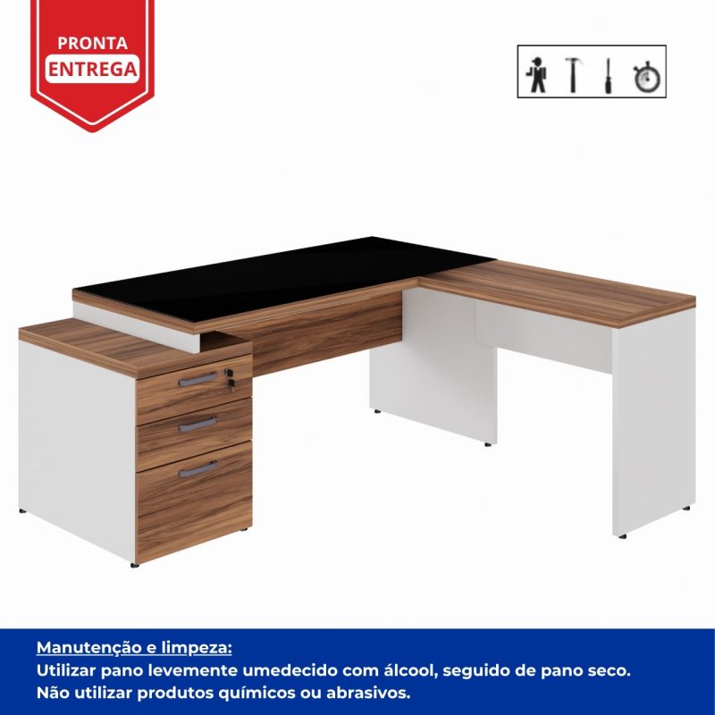 Mesa para Escritório em “L” com VIDRO FUMÊ – 1,92X1,60M NOGAL SEVILHA/BRANCO – 34432 Master Móveis para Escritório Linha 40 mm Nogal – Branco 4