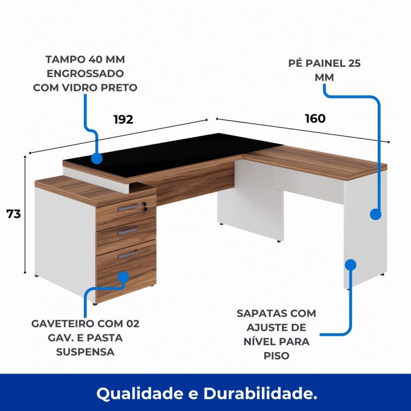 Mesa para Escritório em “L” com VIDRO FUMÊ – 1,92X1,60M NOGAL SEVILHA/BRANCO – 34432 Master Móveis para Escritório Linha 40 mm Nogal – Branco 3