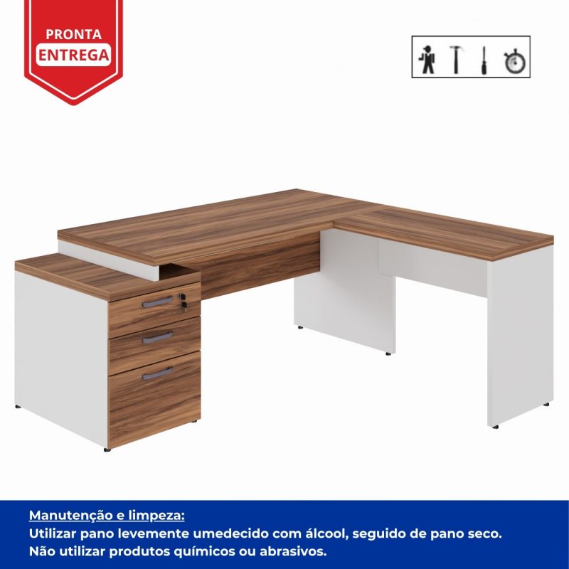 Mesa para Escritório em “L” com Gavetão – 1,92X1,60m -NOGAL SEVILHA/BRANCO – 34431 Master Móveis para Escritório Linha 40 mm Nogal – Branco 4