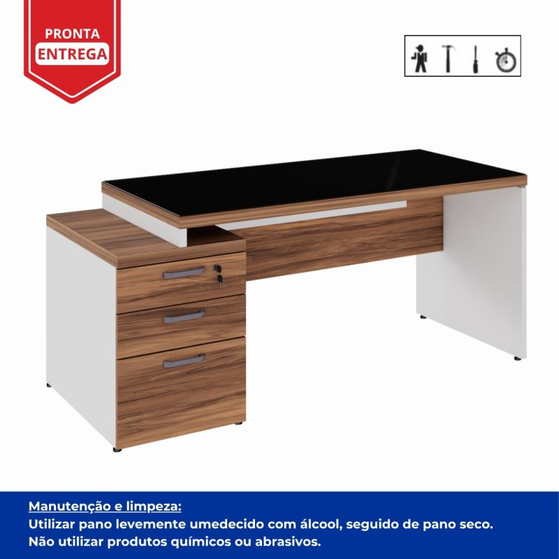 Mesa para Escritório com VIDRO FUMÊ – 1,92×0,70m – NOGAL SEVILHA/BRANCO – 34430 Master Móveis para Escritório Linha 40 mm Nogal – Branco 6