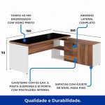 Mesa Diretorzinha c/ Aparador e Vidro Fumê – Pé de MADEIRA – 1,90×1,50m – NOGAL SEVILHA / BRANCO – 34429 Master Móveis para Escritório Linha 40 mm Nogal – Branco 11