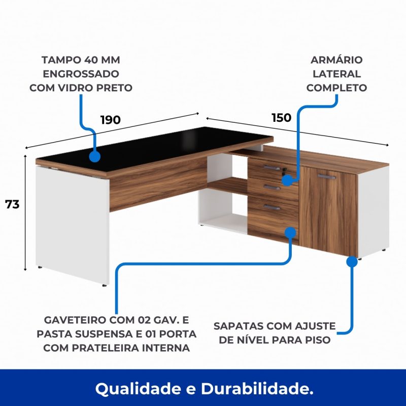Mesa Diretorzinha c/ Aparador e Vidro Fumê – Pé de MADEIRA – 1,90×1,50m – NOGAL SEVILHA / BRANCO – 34429 Master Móveis para Escritório Linha 40 mm Nogal – Branco 3