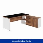Mesa Diretorzinha c/ Aparador e Vidro Fumê – Pé de MADEIRA – 1,90×1,50m – NOGAL SEVILHA / BRANCO – 34429 Master Móveis para Escritório Linha 40 mm Nogal – Branco 15