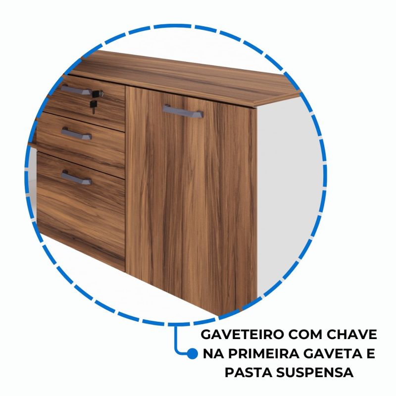 Mesa Diretorzinha c/ Aparador e Vidro Fumê – Pé de MADEIRA – 1,90×1,50m – NOGAL SEVILHA / BRANCO – 34429 Master Móveis para Escritório Linha 40 mm Nogal – Branco 9