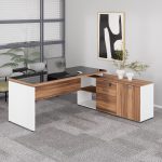 Mesa Diretorzinha c/ Aparador e Vidro Fumê – Pé de MADEIRA – 1,90×1,50m – NOGAL SEVILHA / BRANCO – 34429 Master Móveis para Escritório Linha 40 mm Nogal – Branco 18