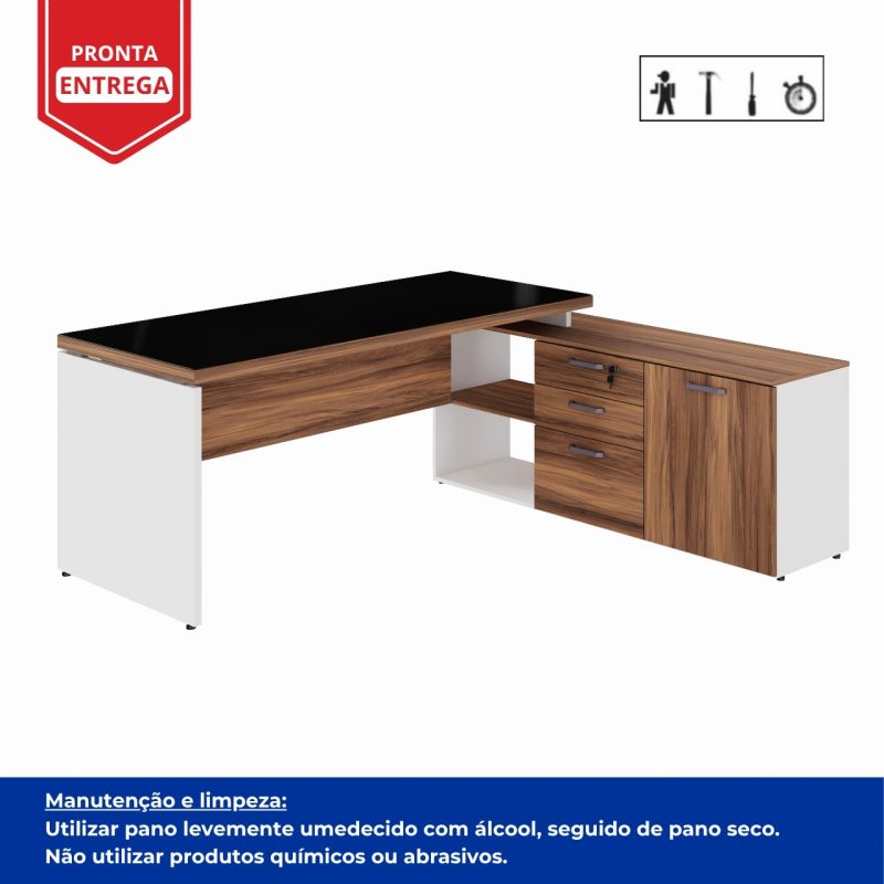 Mesa Diretorzinha c/ Aparador e Vidro Fumê – Pé de MADEIRA – 1,90×1,50m – NOGAL SEVILHA / BRANCO – 34429 Master Móveis para Escritório Linha 40 mm Nogal – Branco 5