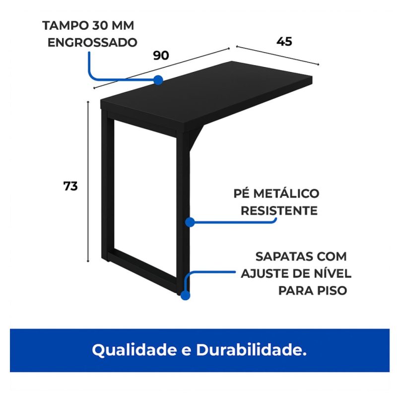 Mesa AUX PÉ QUADRO – 0,90×0,45m – PRETO/PRETO – 26004 Master Móveis para Escritório Linha 40mm Preto / Preto 3