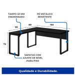 Mesa em L PÉ QUADRO (1,50×0,60m + Mesa Auxiliar) – S/ Gavetas – PRETO / PRETO – 26010 Master Móveis para Escritório Linha 40mm Preto / Preto 14