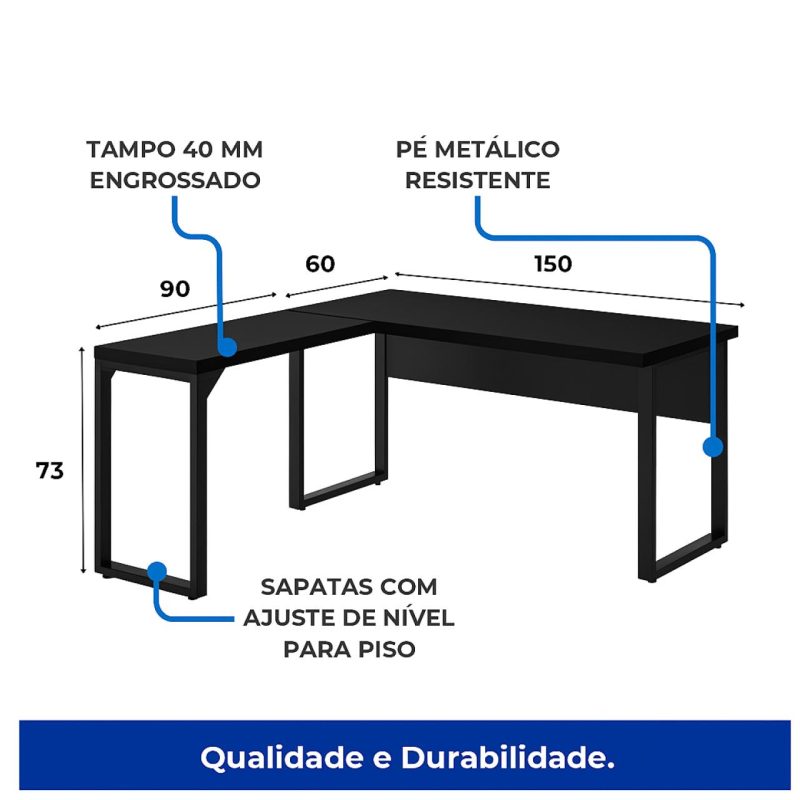 Mesa em L PÉ QUADRO (1,50×0,60m + Mesa Auxiliar) – S/ Gavetas – PRETO / PRETO – 26010 Master Móveis para Escritório Linha 40mm Preto / Preto 6