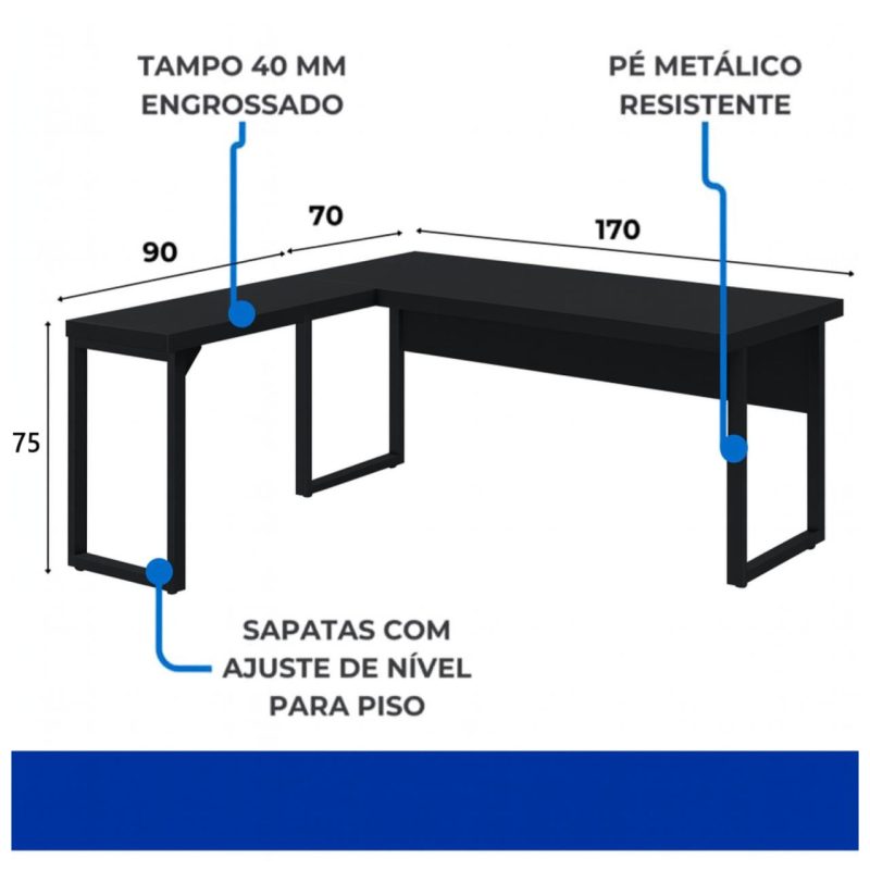 Mesa em L PÉ QUADRO (1,70×0,70m + Mesa Auxiliar) – S/ Gavetas – PRETO / PRETO – 26011 Master Móveis para Escritório Linha 40mm Preto / Preto 6