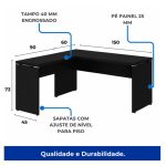 Mesa em L PÉ PAINEL (1,50×0,60m + Mesa Auxiliar) – S/ Gavetas – PRETO / PRETO – 26012 Master Móveis para Escritório Linha 40mm Preto / Preto 14