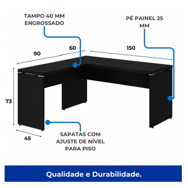 Mesa em L PÉ PAINEL (1,50×0,60m + Mesa Auxiliar) – S/ Gavetas – PRETO / PRETO – 26012 Master Móveis para Escritório Linha 40mm Preto / Preto 6