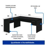 Mesa em L PÉ PAINEL (1,70×0,70m + Mesa Auxiliar) – S/ Gavetas – PRETO / PRETO – 26013 Master Móveis para Escritório Linha 40mm Preto / Preto 16