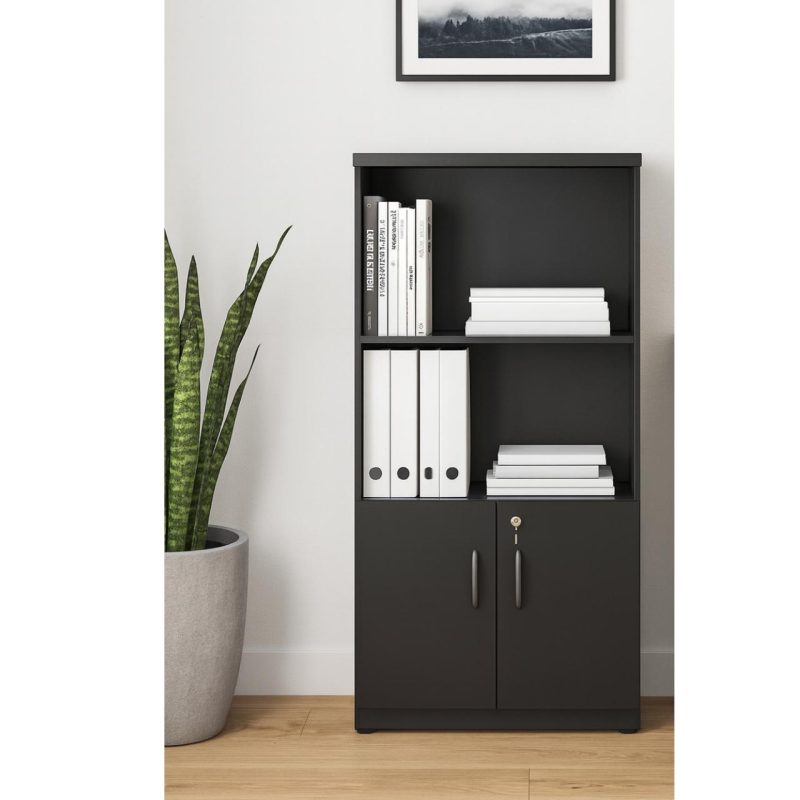 Armário Alto com Portas Inferiores e Prateleiras Abertas – MDP Preto – 26033 Master Móveis para Escritório Linha 40mm Preto / Preto 8