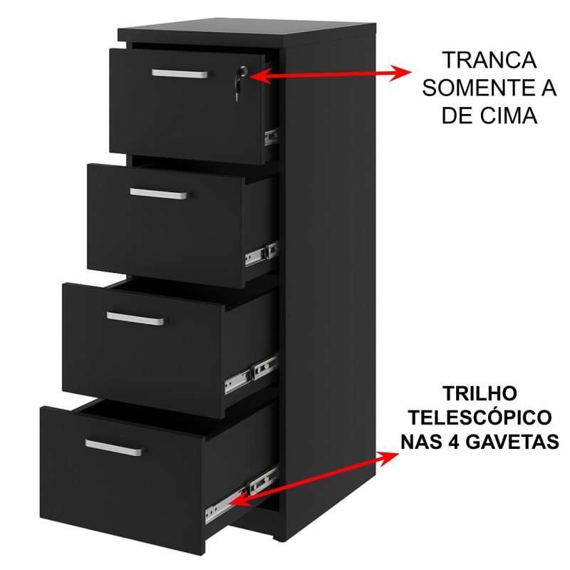 Arquivo de Madeira para Pasta Suspensa com 4 Gavetas – MDP PRETO – 26035 Master Móveis para Escritório Linha 40mm Preto / Preto 4